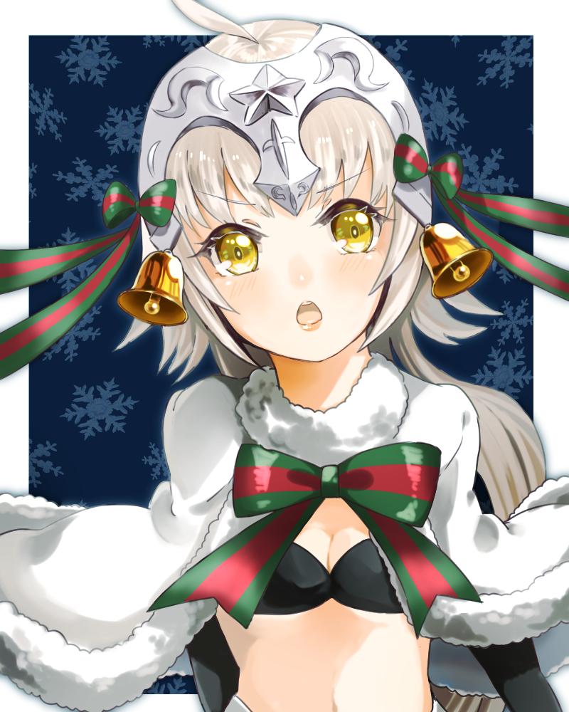 1girl, bell, black_bikini_top, breasts, capelet, cleavage, eyebrows_visible_through_hair, fate/grand_order