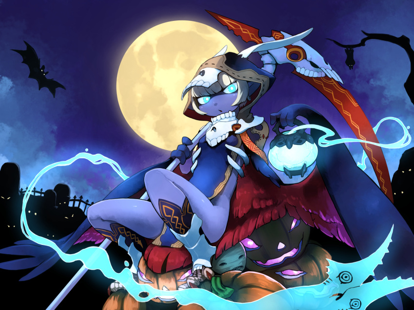 1girl, :o, bare_tree, bat, blue_eyes, blue_skin, breasts, claws