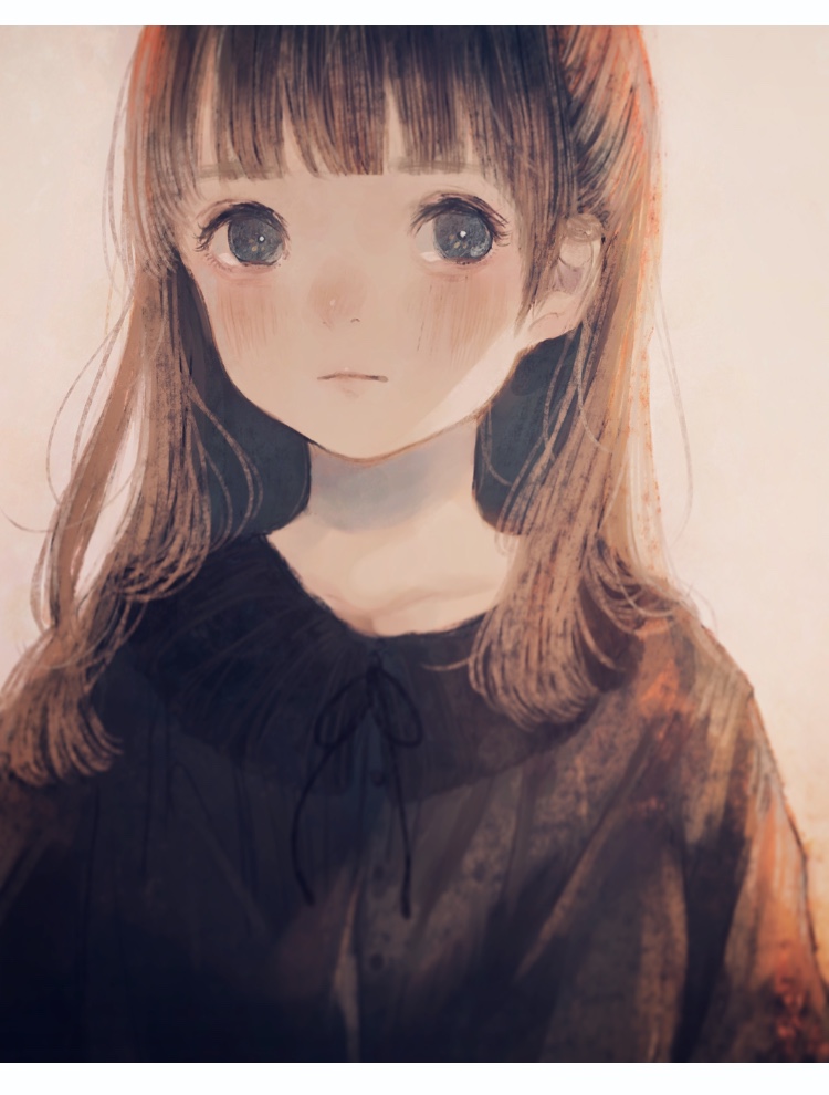 1girl, black_eyes, blush, brown_hair, closed_mouth, commentary_request, ears, nose