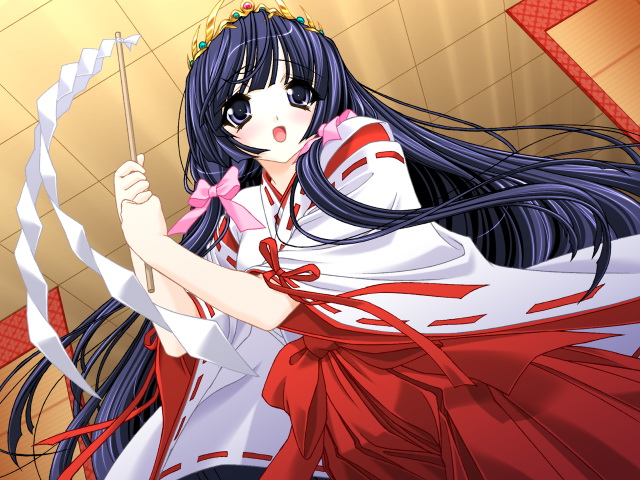 crown, game_cg, gohei, ijitte_princess, japanese_clothes, kaguya_(ijitte_princess), miko, motto_ijitte_princess
