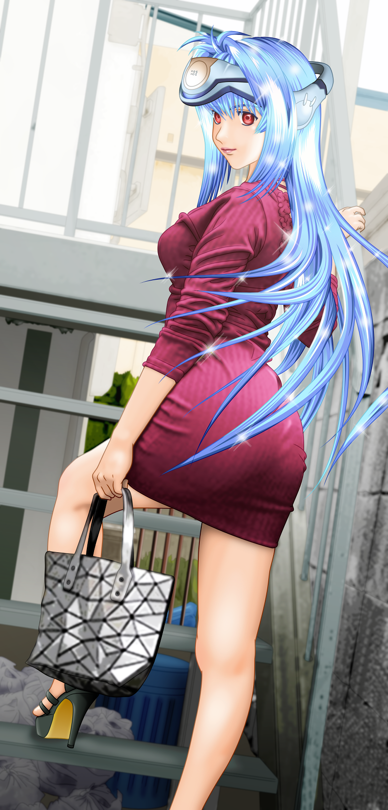1girl, android, ass, blue_hair, cyborg, forehead_protector, formal, highres