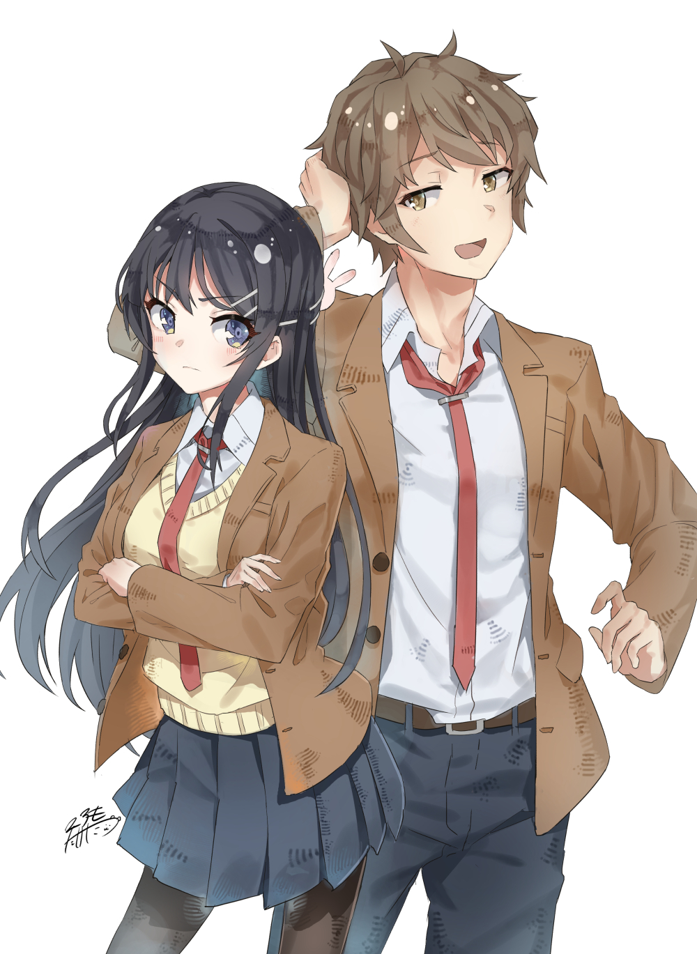 1boy, 1girl, azusagawa_sakuta, black_hair, black_legwear, blazer, brown_eyes, brown_hair