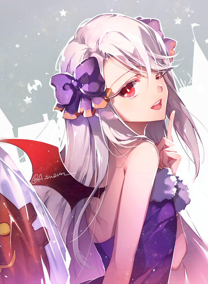 1girl, ;d, bare_shoulders, bow, dress, fate/stay_night, fate_(series), fur-trimmed_dress