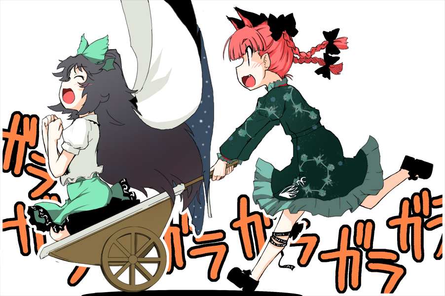 black_hair, braid, fang, golden_pe_done, kaenbyou_rin, long_hair, multiple_girls, red_hair