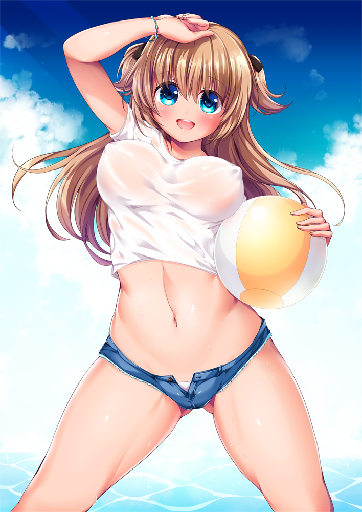 1girl, :d, arm_up, ass_visible_through_thighs, ball, beachball, blue_eyes, blush