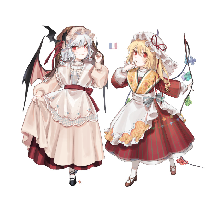 2girls, :p, absurdres, alternate_costume, apron, bat_hair_ornament, bat_wings, black_footwear
