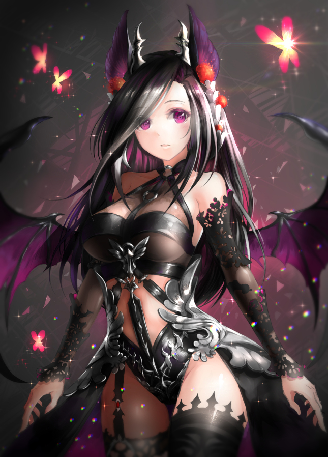 1girl, animal_ears, arm_warmers, armored_skirt, bat_ears, black_hair, black_legwear, breasts