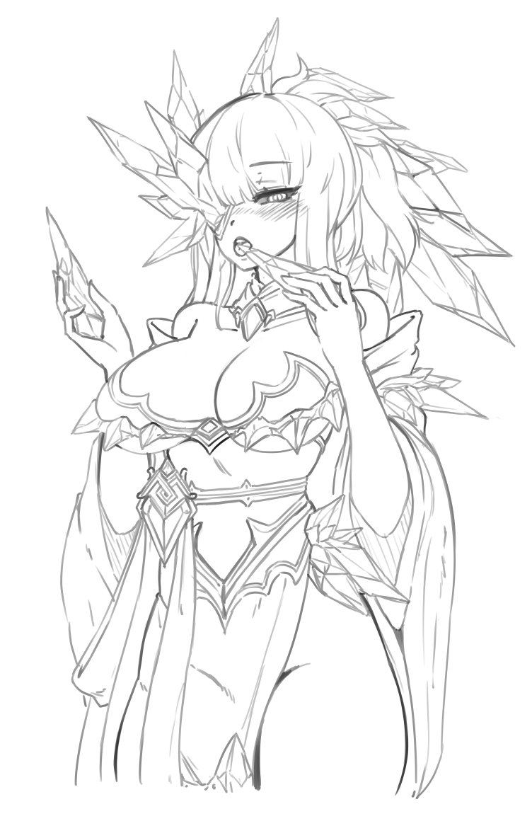 1girl, barbariank, black_sclera, blush, breasts, cleavage, collar, cowboy_shot