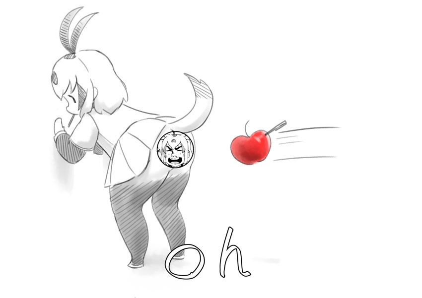 1girl, against_wall, animal_ears, antenna_hair, apple, arabian_oryx_(kemono_friends), bodystocking, censored