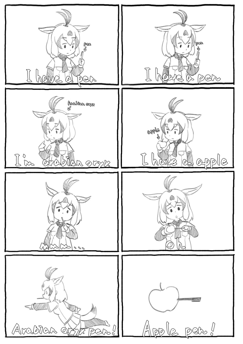 1girl, animal_ears, antenna_hair, apple, arabian_oryx_(kemono_friends), breast_pocket, closed_mouth, comic