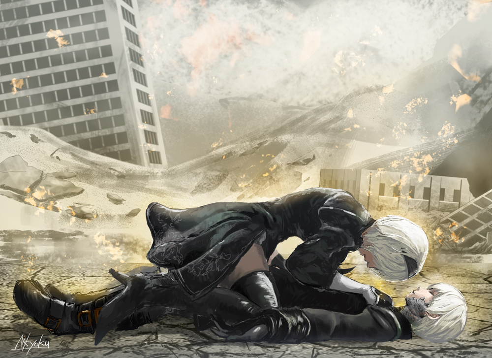 1boy, 1girl, black_dress, black_footwear, black_gloves, black_hairband, boots, closed_eyes, commentary_request, crying, death, dress, girl_on_top, gloves, hairband, high_heel_boots, high_heels, lying, nier_(series), nier_automata, nkyoku, on_back, petrification, post-apocalypse, ruins, sexually_suggestive, spoilers, straddling, thigh-highs, thigh_boots, white_hair, yorha_no._2_type_b, yorha_no._9_type_s
