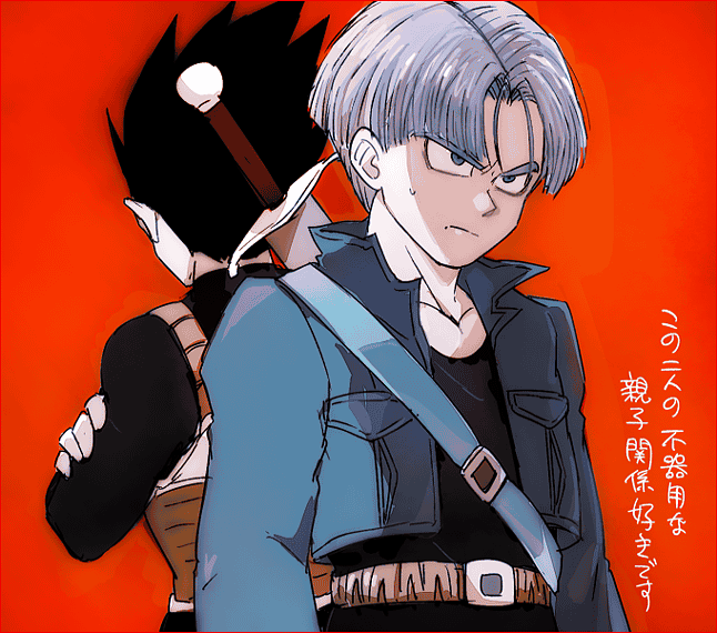 2boys, armor, arms_at_sides, belt, black_hair, black_shirt, blue_eyes, crossed_arms, denim, denim_jacket, dragon_ball, dragonball_z, expressionless, facing_away, father_and_son, frown, gloves, jacket, looking_away, male_focus, multiple_boys, ousamasuteki, purple_hair, red_background, serious, shaded_face, shirt, short_hair, simple_background, spiky_hair, sweatdrop, sword, translated, trunks_(dragon_ball), vegeta, weapon