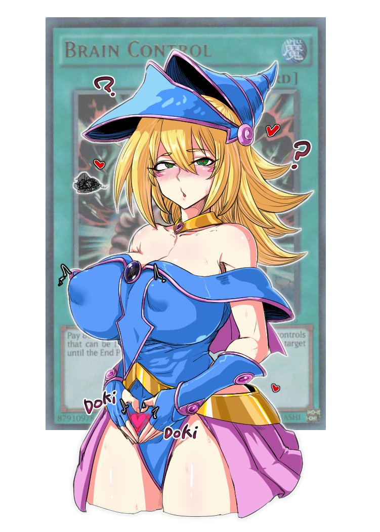 1girl, ?, bare_shoulders, blonde_hair, blush, blush_stickers, breasts, card
