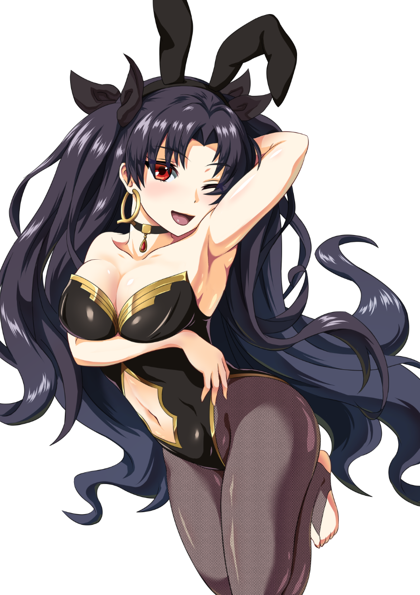 1girl, animal_ears, armpits, black_hair, black_legwear, black_leotard, breasts, bunny_girl