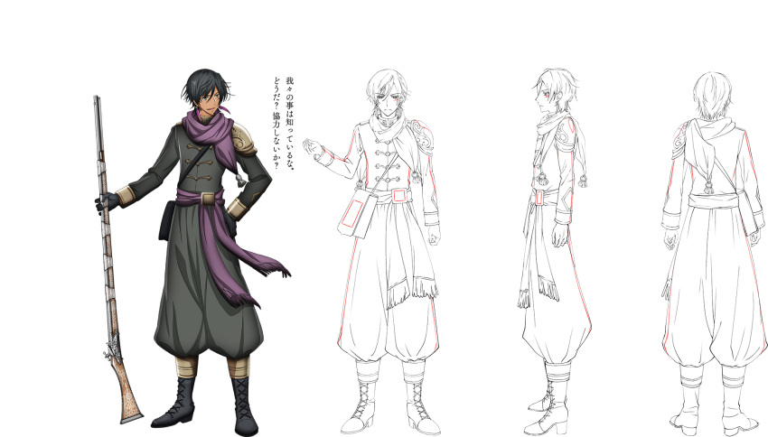 ali_pasha_(senjuushi), antique_firearm, armor, black_footwear, black_gloves, black_hair, boots, character_sheet