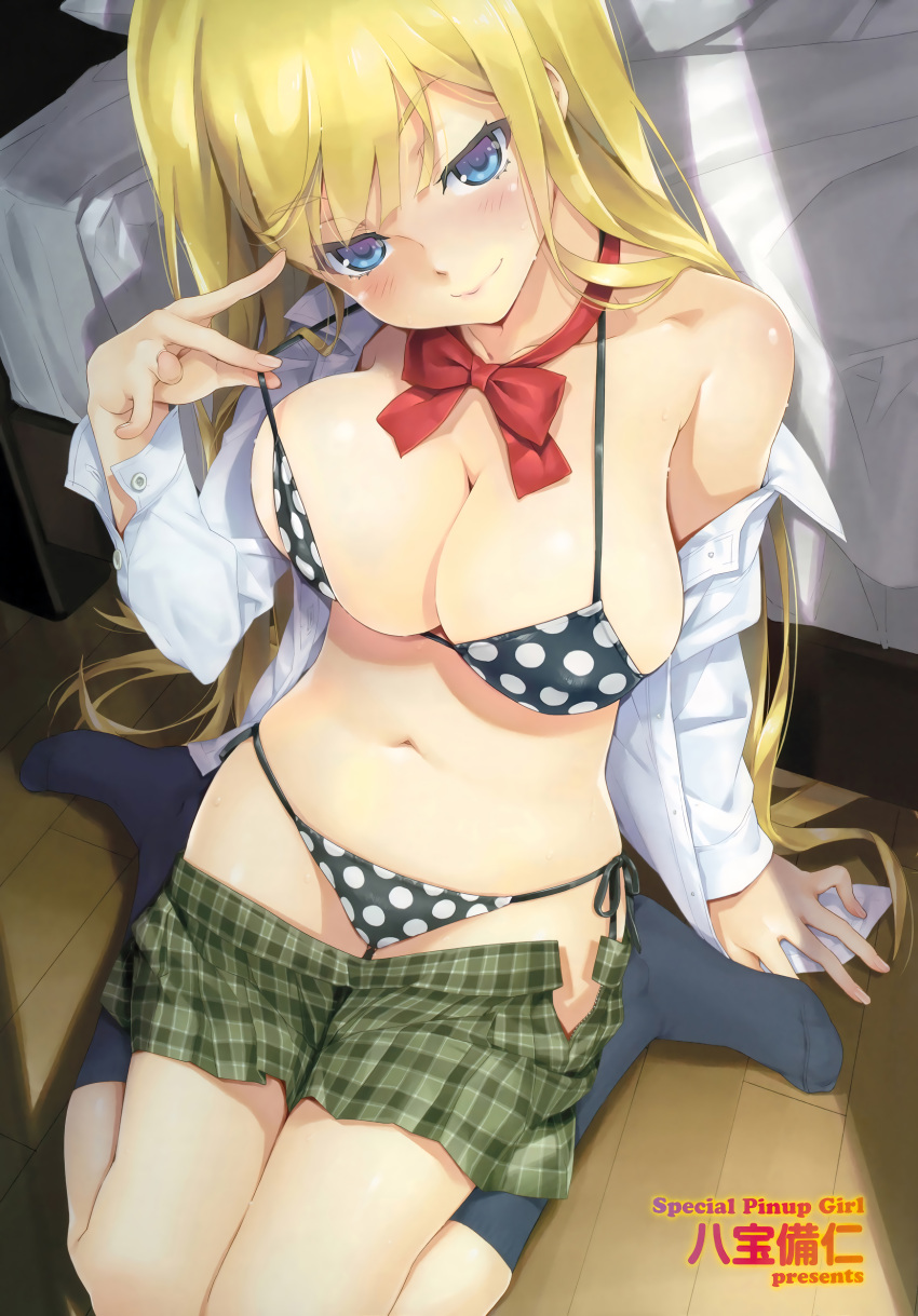 1girl, absurdres, arm_support, bangs, bed, bedroom, belly, bikini, bikini_under_clothes, black_bikini, black_legwear, blonde_hair, blue_eyes, blush, bow, bowtie, breasts, cleavage, closed_mouth, collarbone, collared_shirt, dress_shirt, from_above, green_skirt, half-closed_eyes, hand_up, happoubi_jin, head_tilt, highres, indoors, kneehighs, large_breasts, long_hair, long_sleeves, looking_at_viewer, miniskirt, navel, no_shoes, off_shoulder, on_floor, open_clothes, open_cuffs, open_shirt, open_skirt, original, plaid, plaid_skirt, pleated_skirt, polka_dot, polka_dot_bikini, polka_dot_swimsuit, red_neckwear, scan, seductive_smile, shirt, side-tie_bikini, sitting, skirt, skirt_pull, smile, solo, spread_fingers, strap_pull, sweat, swimsuit, toe_seam, unzipped, very_long_hair, wariza, white_shirt, wing_collar