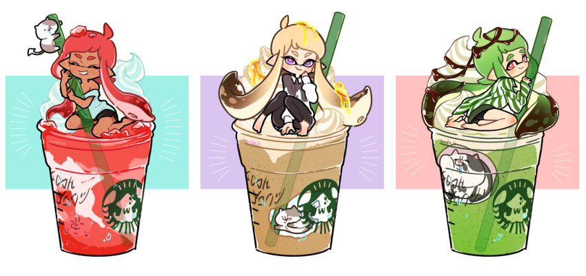 3girls, arm_support, artist_name, bangs, barefoot, black_legwear, black_shorts, blue_shirt