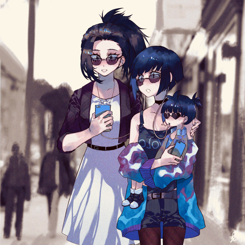 3girls, belt, black_belt, black_hair, black_tank_top, blue_hair, blue_jacket, boku_no_hero_academia