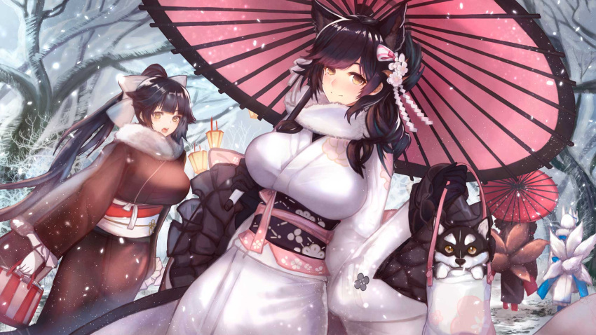 animal_ears, asagik23, atago_(azur_lane), azur_lane, highres, japanese_clothes, kaga_(azur_lane), long_hair, smile, takao_(azur_lane)