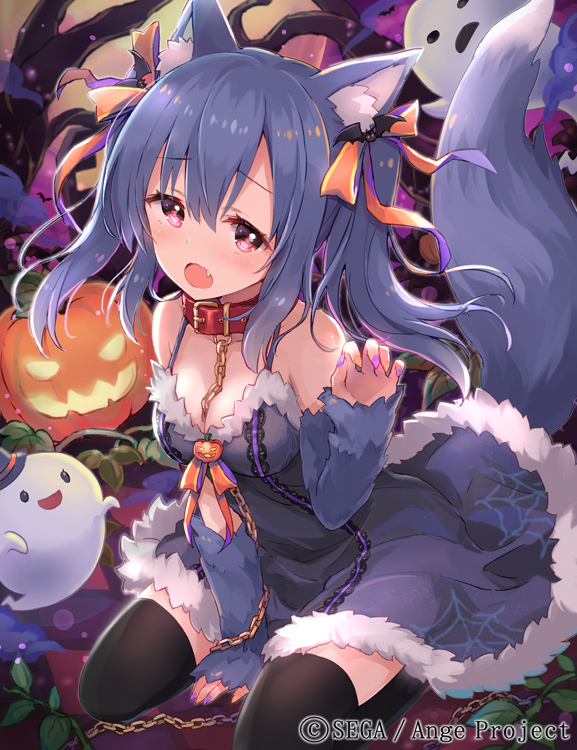 1girl, :o, ange_vierge, animal_ears, bare_shoulders, bare_tree, bat_earrings, between_breasts, between_legs, black_legwear, blue_hair, blue_skirt, blush, breasts, chains, collar, copyright_name, detached_sleeves, fang, full_moon, ghost, halloween, hand_between_legs, jack-o'-lantern, looking_at_viewer, medium_breasts, moon, nail_polish, night, official_art, outdoors, paw_pose, pink_eyes, purple_nails, red_collar, shamonor, sitting, skirt, spider_web_print, thigh-highs, tree, wariza, watermark