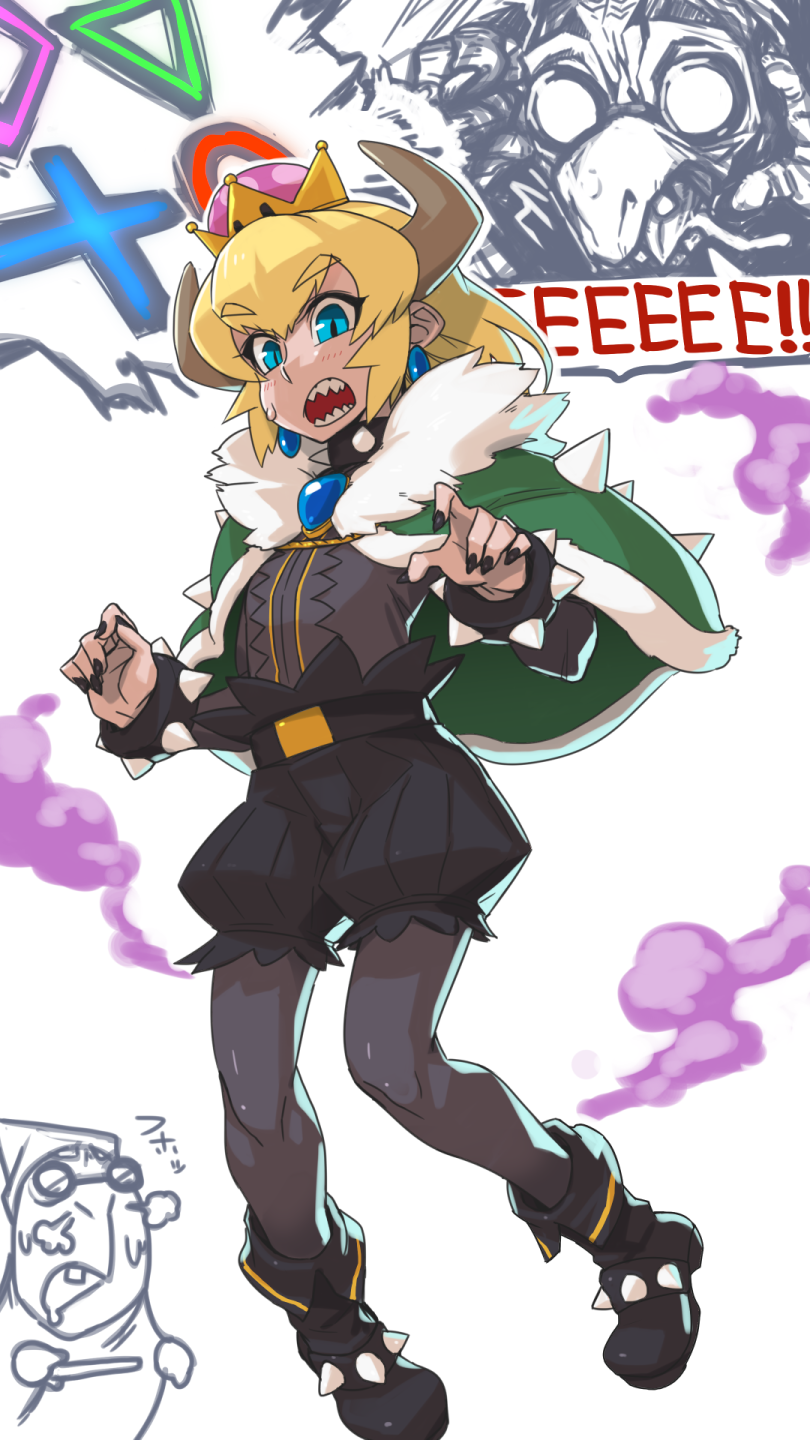 1boy, black_legwear, black_nails, blonde_hair, boots, bowsette, bracelet, cape, earrings, eyebrows_visible_through_hair, gem, genderswap, genderswap_(ftm), green_cape, high_ponytail, highres, horns, jewelry, kamek, kuroino_(0kuro8ino6), long_hair, male_focus, super_mario_bros., nail_polish, new_super_mario_bros._u_deluxe, nintendo, open_mouth, puffy_shorts, sharp_teeth, shorts, simple_background, smole, spiked_bracelet, spiked_cape, spikes, super_crown, sweatdrop, teeth, transformation, white_background