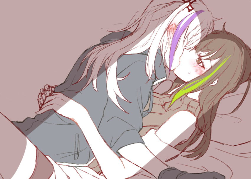 2girls, bed, black_hair, blush, girls_frontline, gloves, highlights, highres