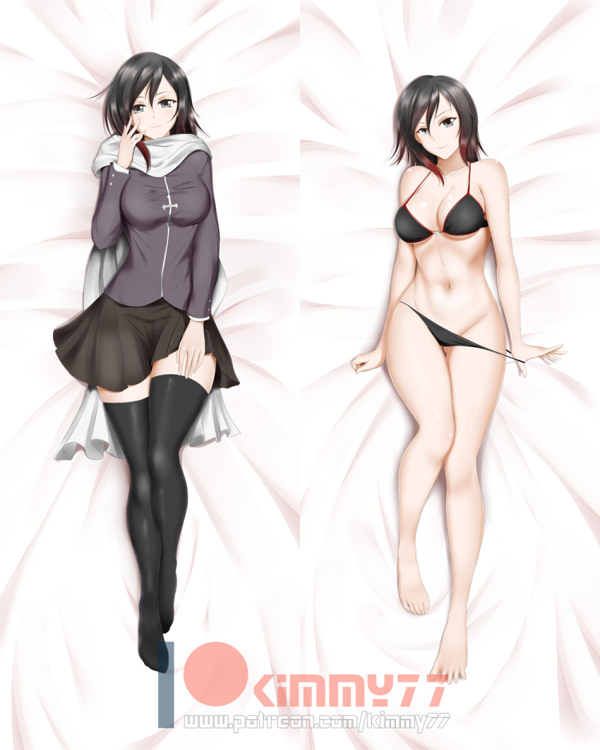 1girl, alfred_cullado, bed_sheet, bikini, bikini_pull, black_bikini, black_hair, black_legwear