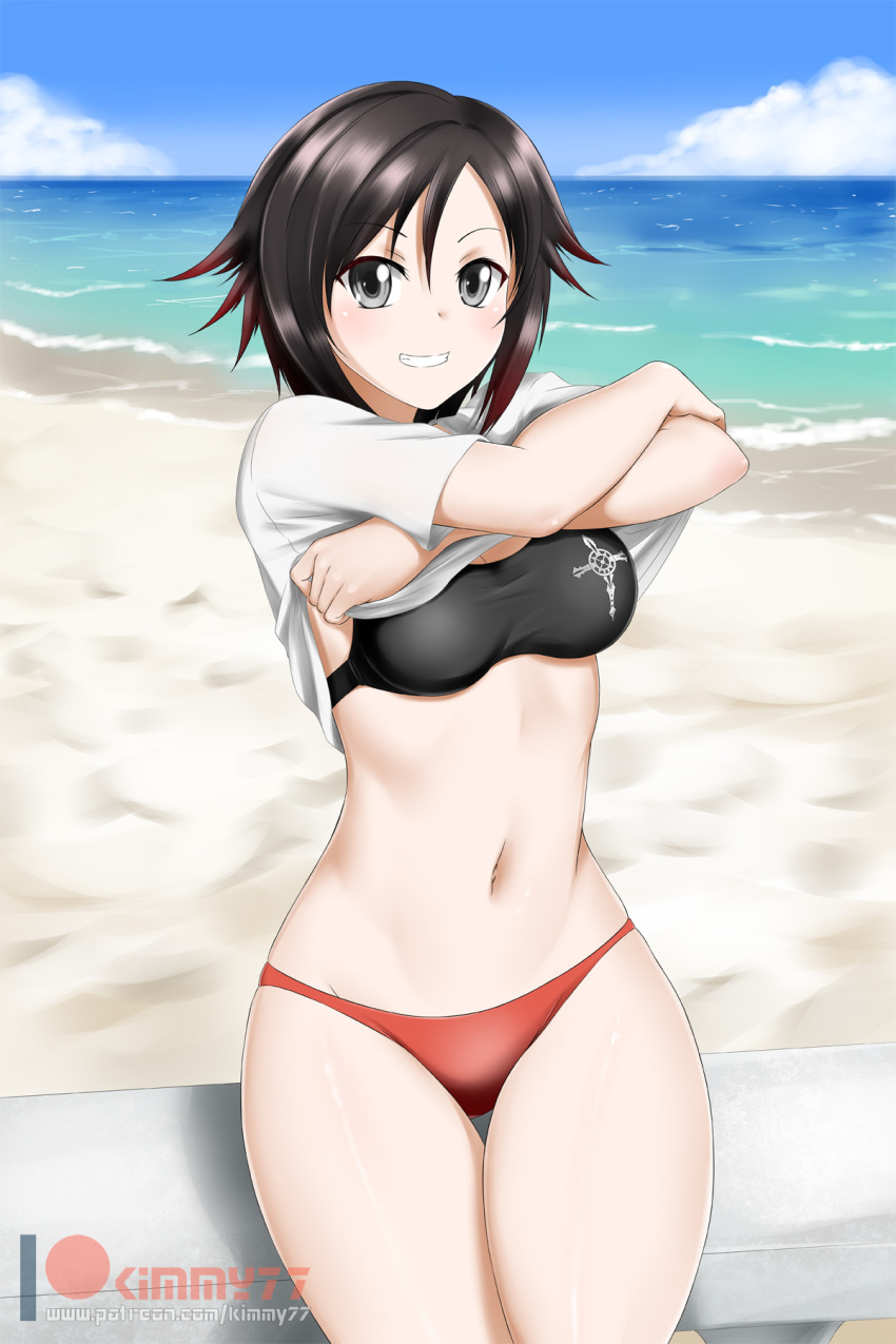 1girl, alfred_cullado, beach, black_bikini_top, black_hair, blue_sky, breasts, cleavage, clouds, day, gradient_hair, grey_eyes, grin, hair_between_eyes, highres, lifted_by_self, looking_at_viewer, medium_breasts, multicolored_hair, navel, ocean, outdoors, patreon_username, print_bikini_top, red_bikini_bottom, ruby_rose, rwby, shiny, shiny_hair, shirt, shirt_lift, short_hair, sky, smile, solo, watermark, white_shirt