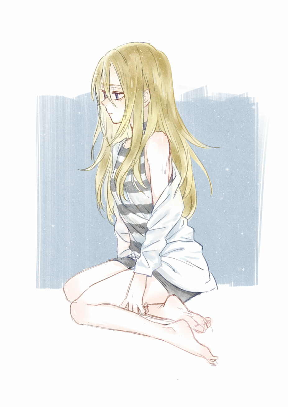 1girl, barefoot, black_shorts, blonde_hair, blue_eyes, drenbof, from_side, full_body, hair_between_eyes, highres, jacket, long_hair, open_clothes, open_jacket, rachel_gardner, satsuriku_no_tenshi, shirt, short_shorts, shorts, sitting, sleeveless, sleeveless_shirt, soles, solo, striped, striped_shirt, white_background, white_jacket