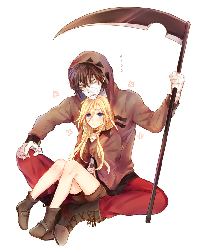 ..., 1boy, 1girl, bandage, black_jacket, blonde_hair, blue_eyes, boots