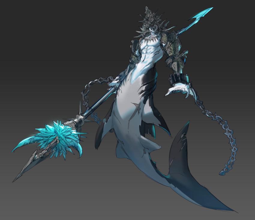 1boy, armor, blue_skin, chains, creature, cuffs, dorsal_fin, fins, gradient, gradient_background, highres, holding, holding_weapon, jewelry, necklace, open_mouth, original, scar, shackles, spikes, weapon, webbed_hands, woomi