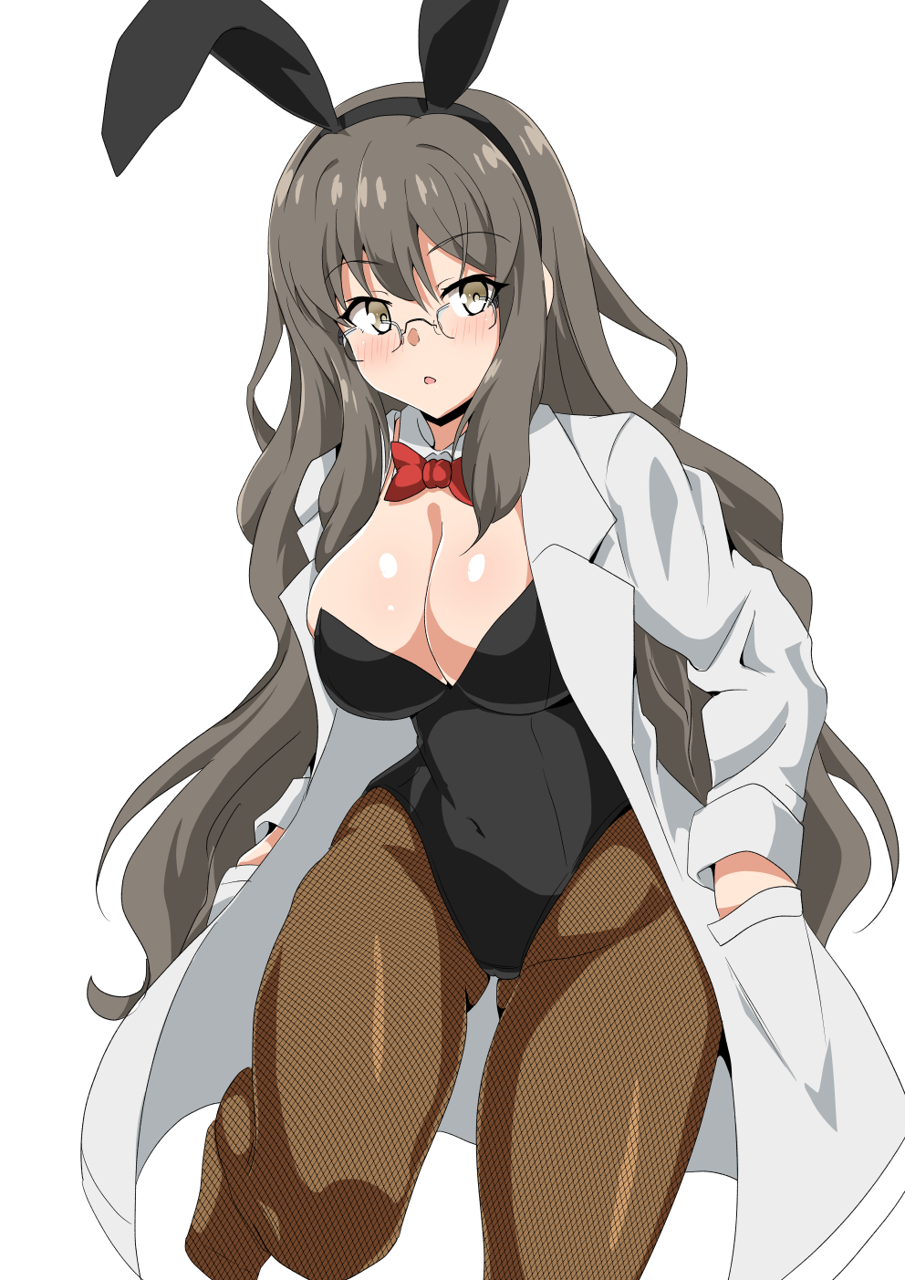 1girl, animal_ears, black_leotard, bow, bowtie, brown_eyes, brown_legwear, bunny_girl, bunnysuit, detached_collar, feet_out_of_frame, fishnet_pantyhose, fishnets, futaba_rio, glasses, grey_hair, hands_in_pockets, highres, labcoat, leotard, long_hair, looking_at_viewer, open_clothes, pantyhose, rabbit_ears, red_neckwear, seishun_buta_yarou, simple_background, solo, strapless, strapless_leotard, ume_tetu, wavy_hair, white_background