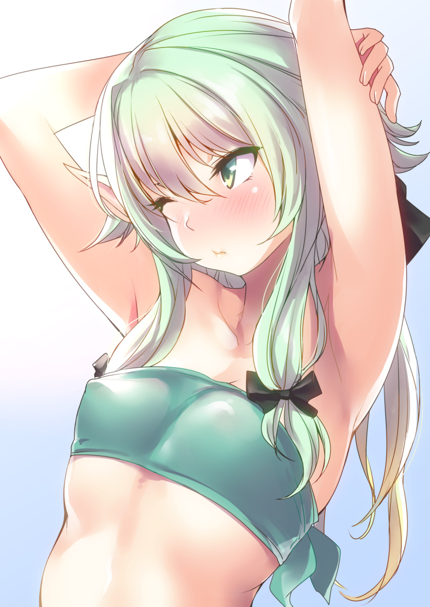 1girl, armpits, arms_up, bandeau, blush, bow, closed_mouth, commentary_request