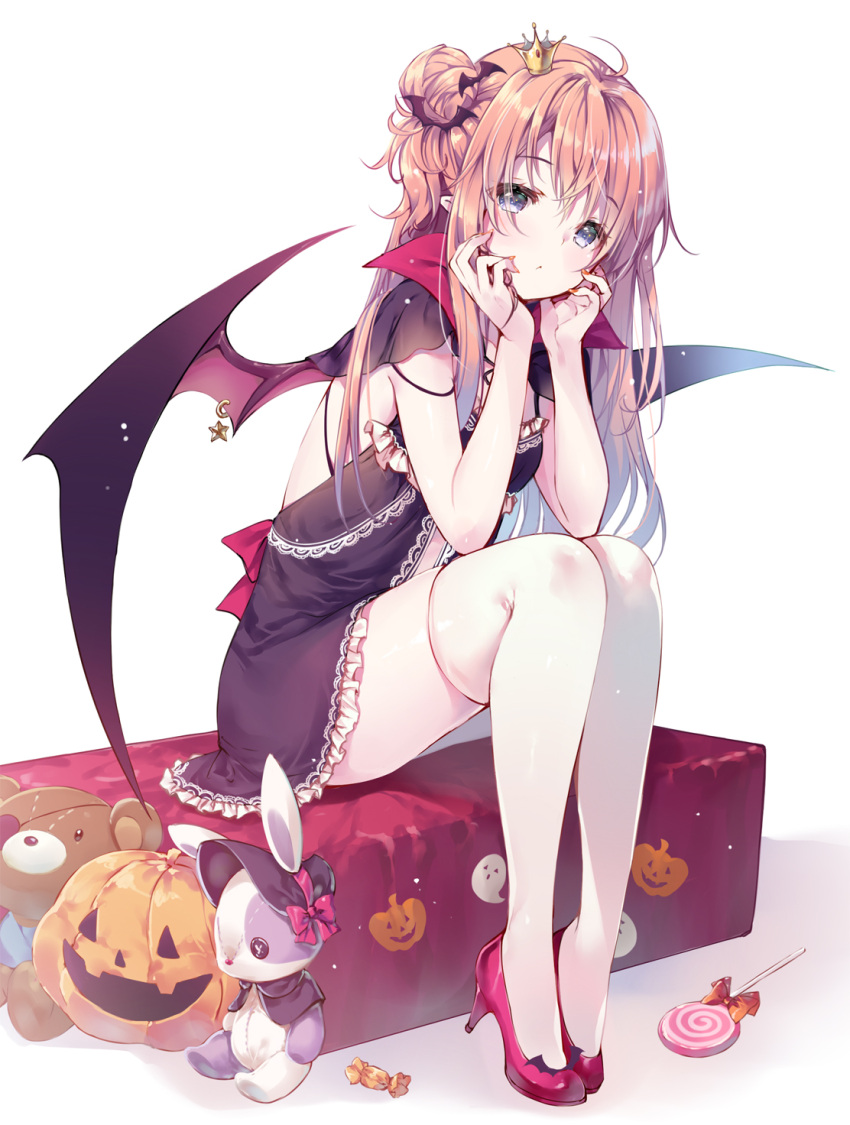 1girl, ahoge, babydoll, back_bow, bangs, bat_hair_ornament, black_babydoll, black_capelet
