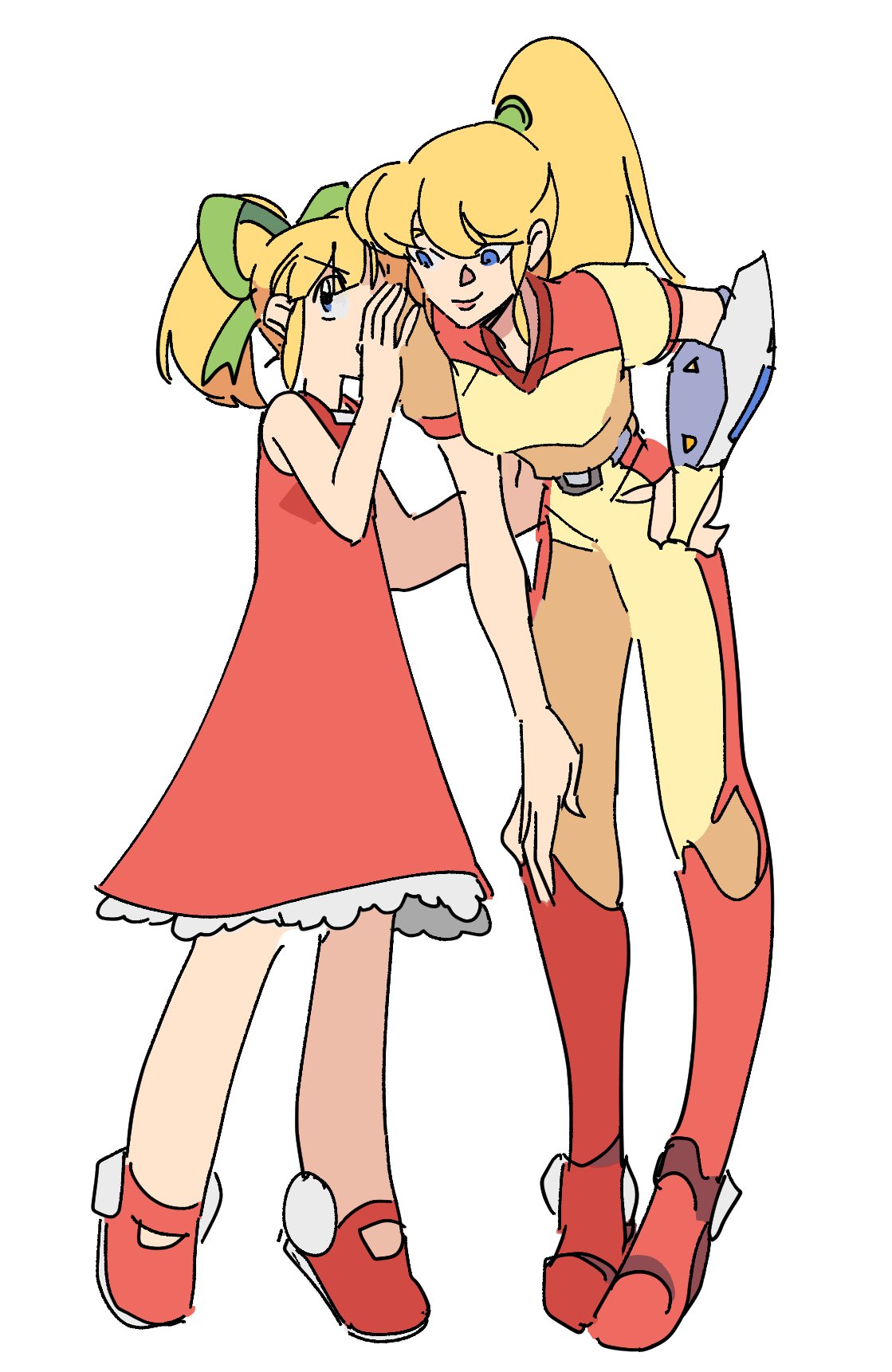 2girls, android, bending_forward, blonde_hair, blue_eyes, bow, closed_mouth, dual_persona, full_body, hair_bow, highres, jumpsuit, looking_at_another, mega_man_(ruby-spears), multiple_girls, ponytail, rockman, rockman_(classic), roll, simple_background, smile, whispering, white_background