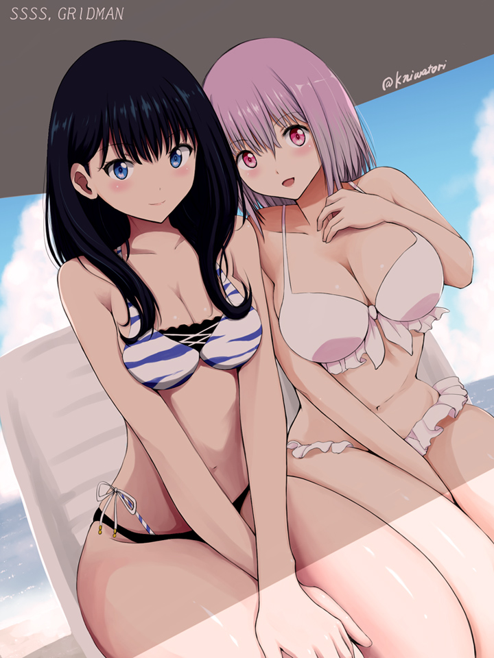 2girls, beach, between_legs, bikini, black_hair, blue_eyes, blush, breasts