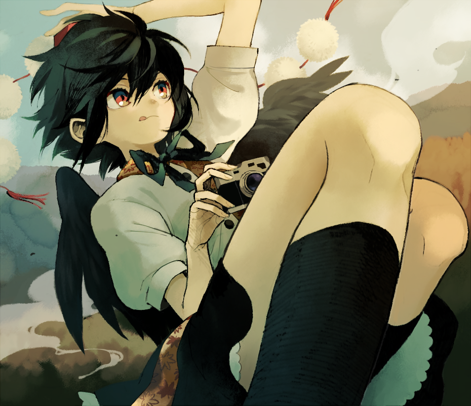 1girl, bird_wings, black_hair, black_legwear, camera, day, flying, hand_on_headwear