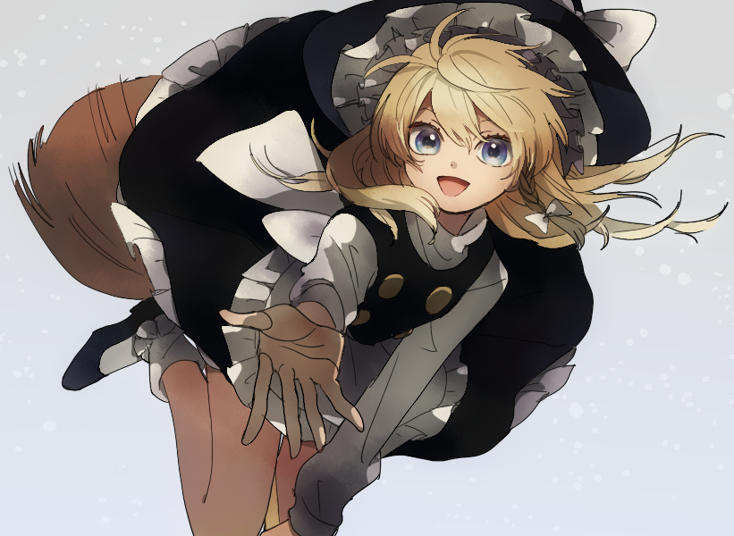 1girl, apron, black_footwear, blonde_hair, blue_eyes, bow, broom, broom_riding