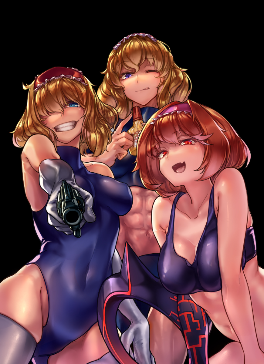 3girls, ;p, abs, alice_margatroid, bangs, bare_shoulders, black_background, blonde_hair