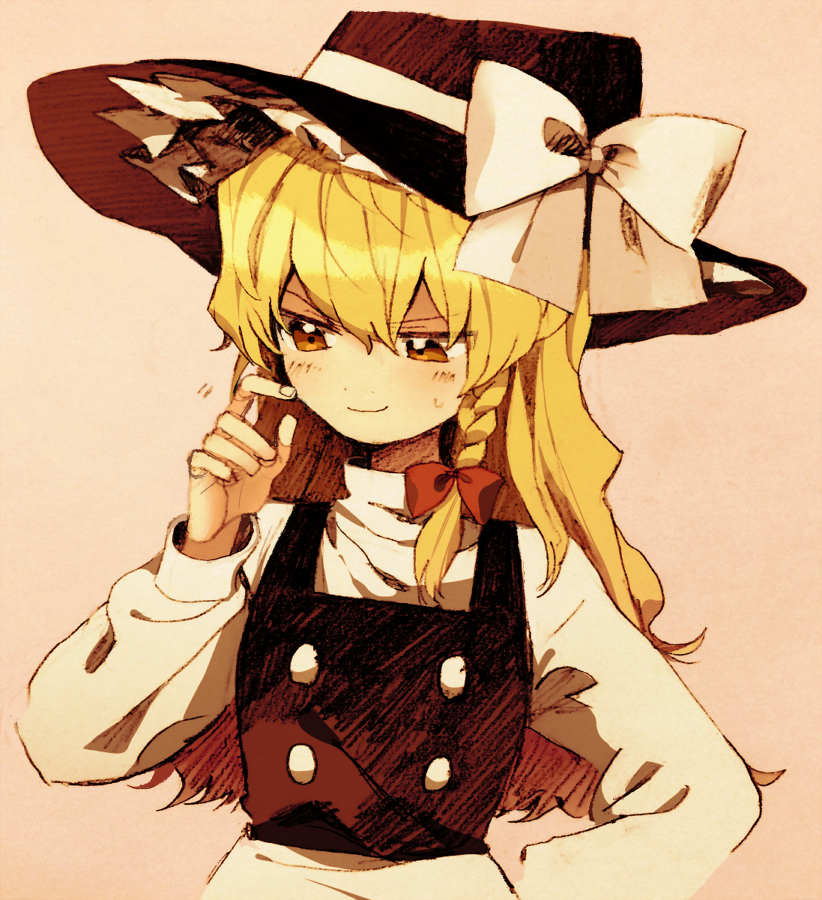 1girl, blonde_hair, blush, bow, braid, brown_eyes, finger_to_cheek, hair_ribbon