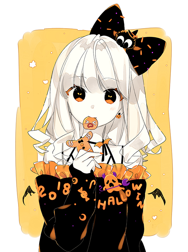 >_<, 1girl, bare_shoulders, bat_wings, black_bow, black_nails, black_shirt, blush