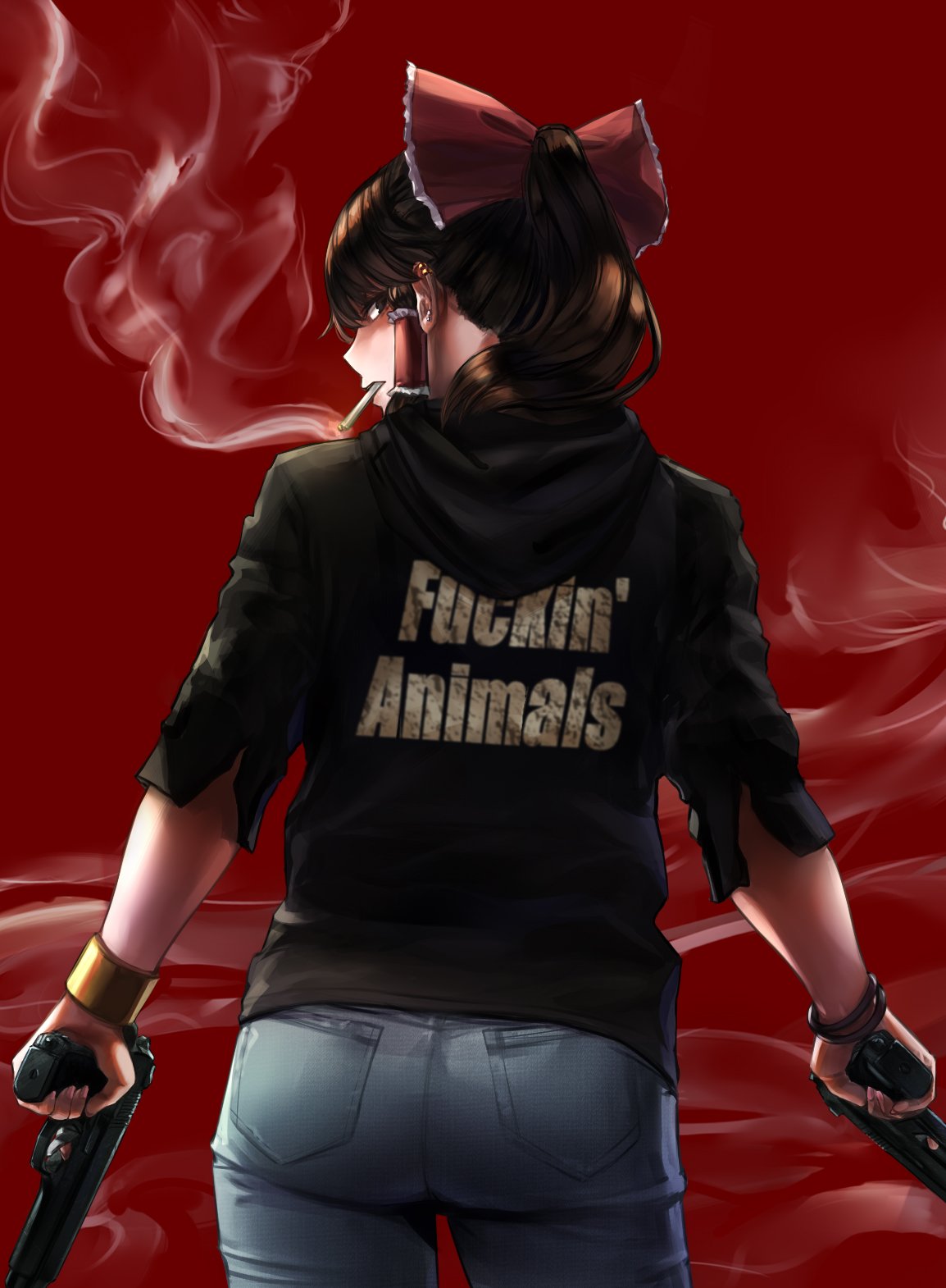 1girl, ass, black_eyes, black_hair, black_hoodie, bow, bracelet, cigarette