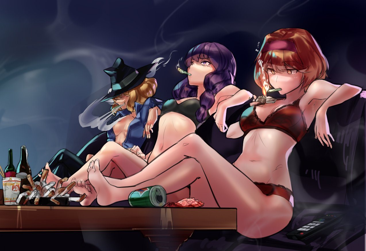 3girls, alice_margatroid, arm_rest, armpits, ashtray, bare_arms, bare_legs, bare_shoulders