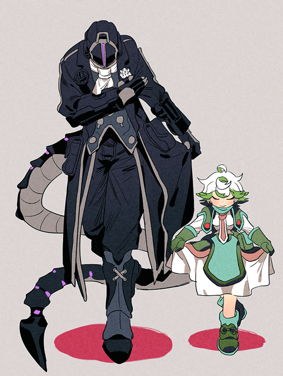 1boy, 1girl, black_coat, black_gloves, blush, bondrewd, boots, collared_coat