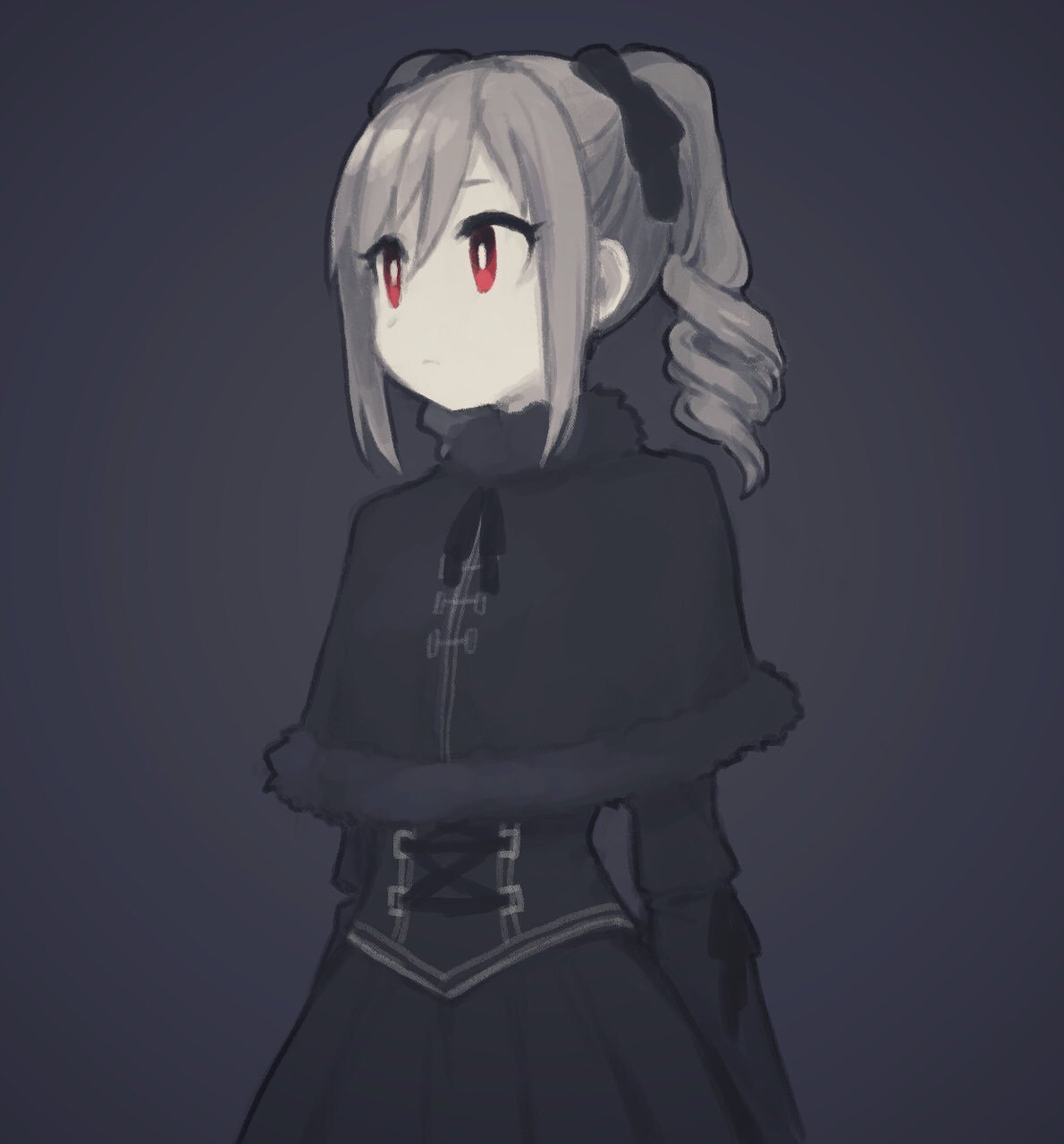 1girl, black_coat, black_ribbon, coat, drill_hair, expressionless, fur_trim, grey_hair