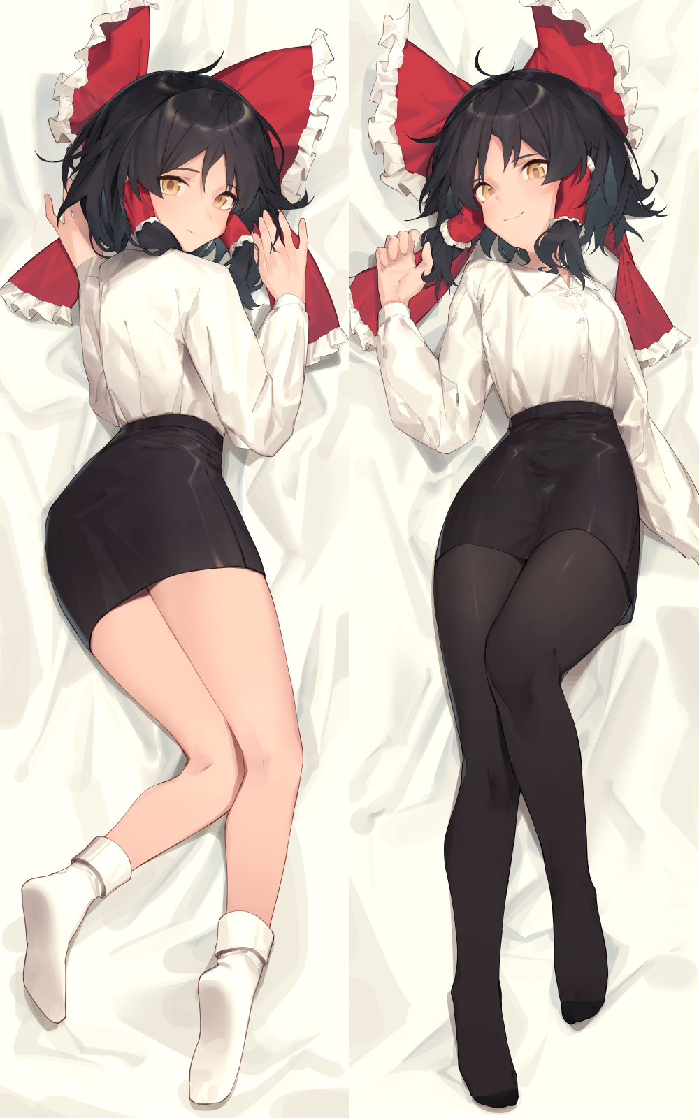 1girl, ahoge, bad_id, bad_nicoseiga_id, black_hair, black_legwear, bow, buttons