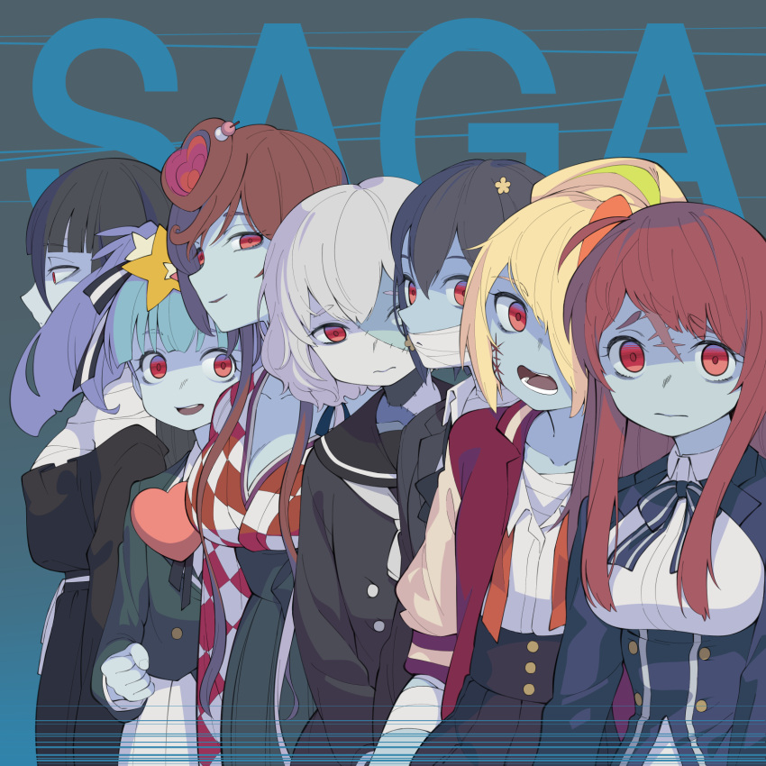 6+girls, bandage, black_hair, blonde_hair, blue_hair, blue_skin, bow, bowtie