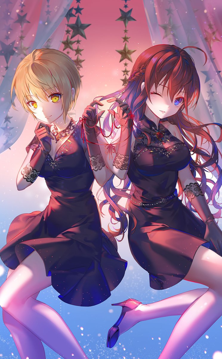 2girls, ;|, ahoge, black_dress, black_gloves, blonde_hair, blue_eyes, braid