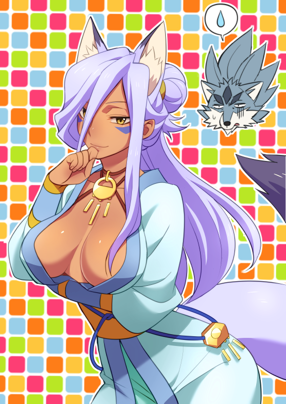 1girl, animal_ears, blue_kimono, breasts, breasts_apart, center_opening, dark_skin, facial_mark, fox_ears, fox_girl, fox_tail, genderswap, genderswap_(mtf), gundam, gundam_build_divers, hair_between_eyes, hair_bun, japanese_clothes, jewelry, kimono, large_breasts, lavender_hair, long_sleeves, looking_at_viewer, necklace, obi, sash, shahryar_(gundam_build_divers), smile, solo, spoken_sweatdrop, sweatdrop, tail, teba_makoto, wolf, yellow_eyes