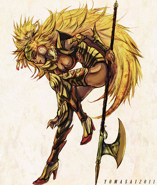 1girl, armor, blonde_hair, breasts, cleavage, commentary_request, dark_skin, forehead_jewel